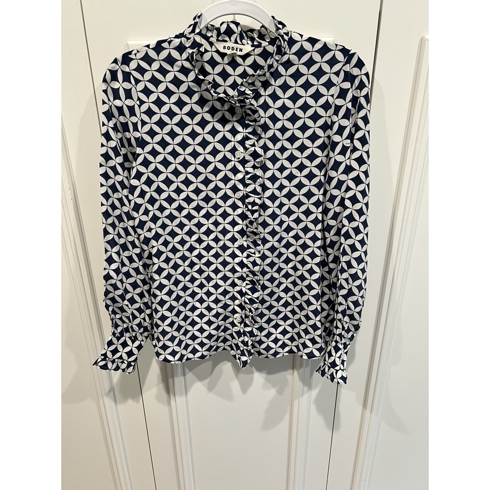Boden Silk Ruffle Neck Button Up Shirt Size 6 Geometric Print Preppy Career